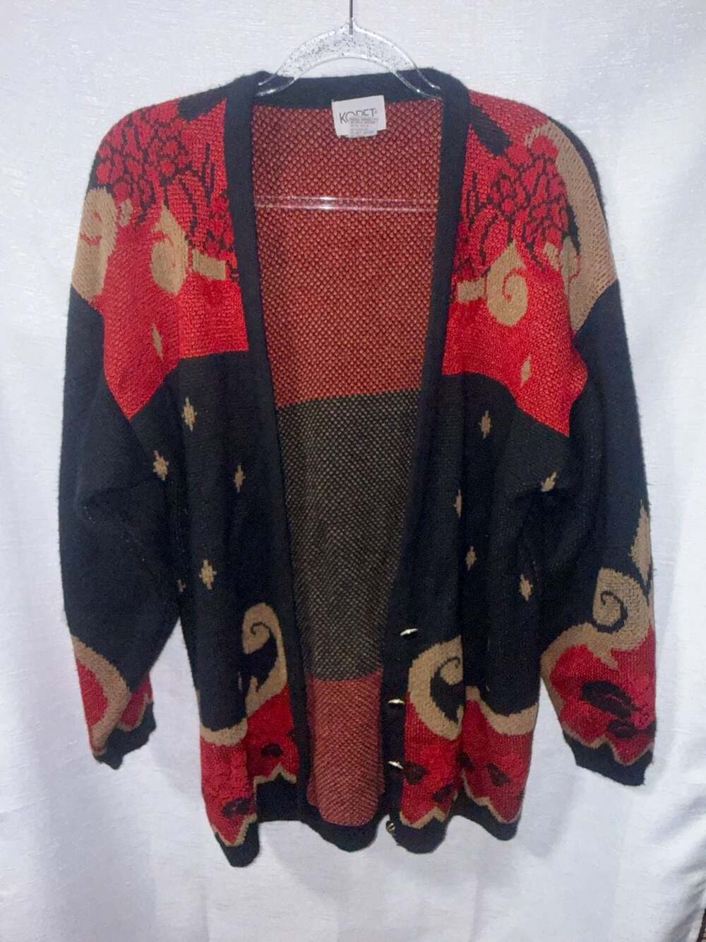 Koret Vintage Knit Cardigan Sweater Red Black Geometric Pattern Size Small